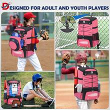 Baseball Bag For Youth & Adult Lightweight Softball Bat Bag With Shoe Compartment, External Helmet Holder And Fence Hook Waterproof Baseball Backpack Hold T-Ball, Bat And Softball Equipment - 粉色 - 查看 3