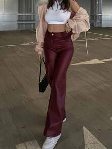 女士高腰亮面PU皮革阔腿裤，哑光涂层，时尚百搭，适合派对、通勤、音乐节、度假等场合，休闲直筒裤，春夏服装，畅销款，Y2K风格，适合派对、通勤、假日、节日、户外活动等场合，春夏穿着，适合高个女性，搭配单品，黑色，长裤