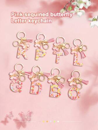 Pink Letter Keychain With Heart, Sequin, Butterfly, Tassel, Crystal Resin Pendant Keyring