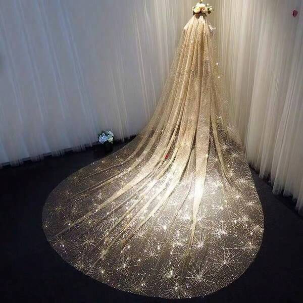 Luxury Starry Sky Bridal Veil, New Gold Bride Wedding Long Trailing Veil With Shiny Glitter Fabric, Elegant Bridal Headpiece