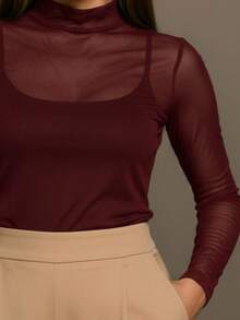 Women's Long Sleeve Tulle Blouse With High Neck, Elegant, Simple, Sheer, No Transparency, Suitable For Evening, Stage, Concerts, And Beach. - Màu Đỏ Sâu - Xem 4