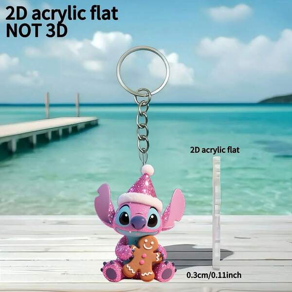 2D Pingente Decorativo Plano de Aço Inoxidável da Disney, Decoração de Árvore de Natal, Adequado para Mochilas e Chaves; 1 Peça Chaveiro Acrílico Rosa Plano 2D do Stitch Segurando um Homem de Gengibre, Decoração de Presente de Feriado, Chaveiro de Carro, Pendente de Mochila e Carteira; Chaveiro do Stitch, Chaveiro Acrílico Plano 2D, Presente de Natal, Presente de Carnaval