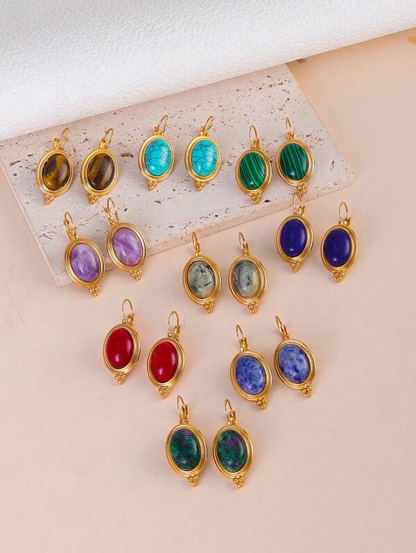 1 Pair Vintage Natural Stone Oval Copper Floral Earrings, Simple & Fashionable Personalized Earrings For Women Daily Wear