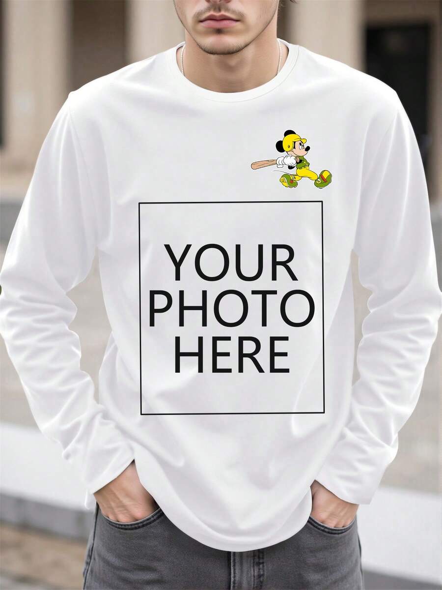 Disney 定制IP授权，米老鼠印花，男士长袖T恤定制服务，支持专属标语/创意设计/卡通人物/情侣/宠物照片/自拍/名人正面印花，圆领略弹力，时尚百搭长袖T恤，男士T恤。 - 白色 - 查看 1