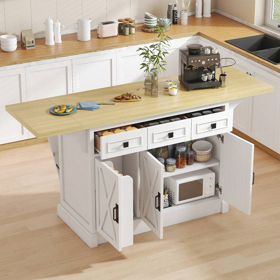 71.3" Large Kitchen Island With Drop Leaf, Kitchen Rolling Island Cart W/ 3 Solid Drawers, Island Table With Trash Storage Cabinet & 3 Large Storage Rack, Spice Rack, Black - trắng - Xem 1