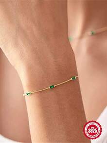 1件925纯银经典祖母绿叠戴手链，精美首饰，适合女性日常、派对、订婚等场合佩戴 - 金色 - 查看 1