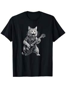 Men's & Women's Vintage Rock Star Cat Playing Guitar T-Shirt - 100% Cotton Retro Rock 'n' Roll Tee With White Music Notes & Stratocaster Design, Soft Breathable Fabric, S-XXXL Sizes For Casual Wear & Music Lovers - Black - View 2
