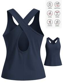 女士健身交叉绑带运动背心，夏季健身房锻炼休闲无袖上衣 - 藏蓝色 - 查看 11