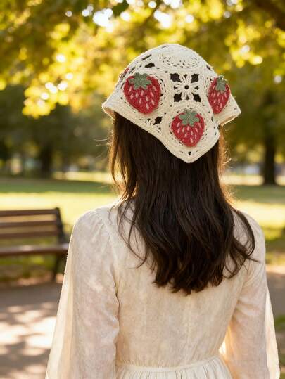 1pc Sweet Strawberry Knitted Headband, Women's Holiday Party Knitted Triangular Scarf Women Bandanas Winter Hair Accessories