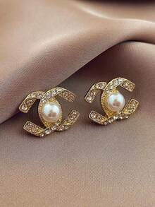 2pcs Fashionable Luxury Encrusted Criss-Cross Pearl Stud Earrings, Versatile C-Shaped Earrings Suitable For Women's Daily Wear, Outings And Events - Gold - View 4