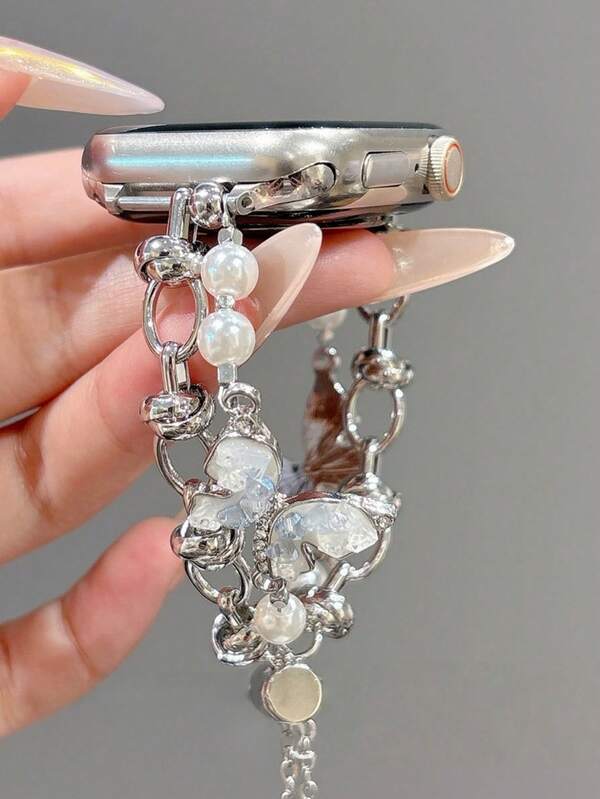 1PC Women Silver Pearl Metal Watch Strap Watchband Compatible With Apple Watch 49mm 46mm 45mm 44mm 42mm 41mm 40mm 38mm,Luxury Rhinestone-Studded Link Bracelet Watch Bands Compatible With IWatch Series Ultra 3/2/1 11 10 9 8 7 SE3 6 5 4 3 2 1,Elegant Metallic Pearl Jewelry Smart Watch Strap Compatible With Apple Watch Accessories,