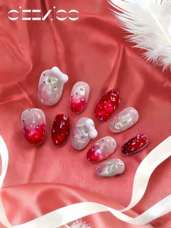 Original Design, Handmade, Acrylic Press On Nails (10pcs) - Strawberry Design With Realistic 3D Jelly Effect, Pink & Red Nails, Cat Eye Sparkle Finish, Press On Nails Stiletto, Short Length Nail Stickers, Novel Gradient Design, 3D Bow Decoration - Quick Manicure Set. Cute Nails, Perfect For Matching Outfits. Transform Your Look With Artistic Nails. Ideal For Small Makeup Travel Bags.