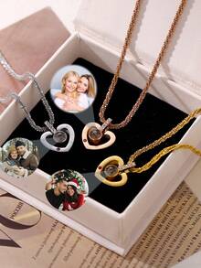 Customized Photo Projection Heart Pendant Necklace, Stainless Steel Wave Chain Necklace, Family, Couples, Birthday, Anniversary, Valentine's Day, New Year Gift, Casual, Cute, Customized, Personalized, Unique, Suitable For Girlfriend, Mother, Family, Friends, Daughter, Anniversary, Valentine's Day, Mother's Day, Birthday, Graduation, Daily Wear, Wedding, Prom, Personalized Jewelry, Christmas Gift - Multicolor-style 2 - View 4