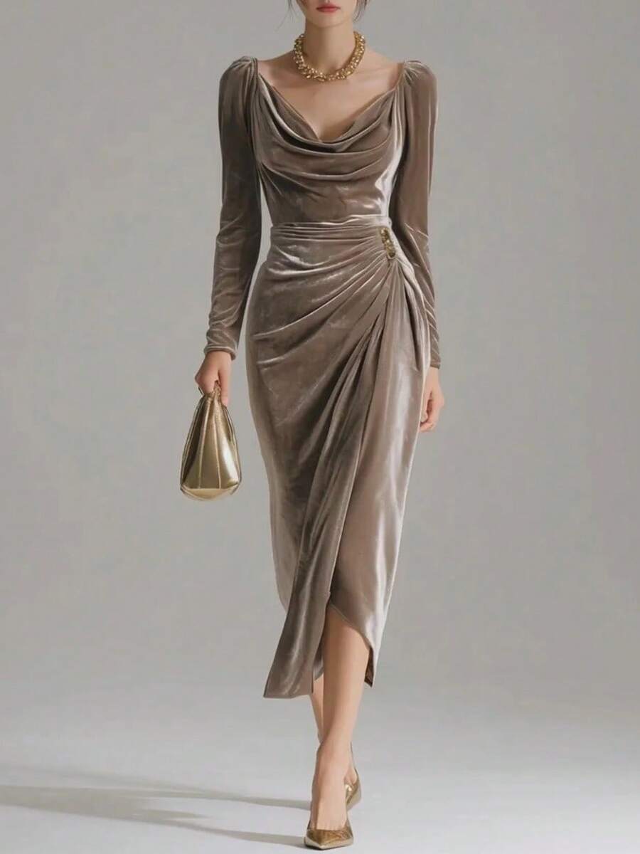 Valentine's Day, Date Night Outfit, Gifts For Her GLOURI Women's Elegant Velvet Midi Dress - Cowl Neck Long Sleeve With Ruched Detail & High Slit |  Formal Gown For Wedding Guest, Party & Holiday Events (Fall Winter Collection) - màu nâu - Xem 1