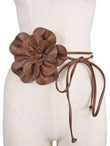 1pc Solid Color Bohemian Casual Elegant PU Leather Fashion Women Black Floral Decor Waist Rope Belt, Suitable For All Seasons