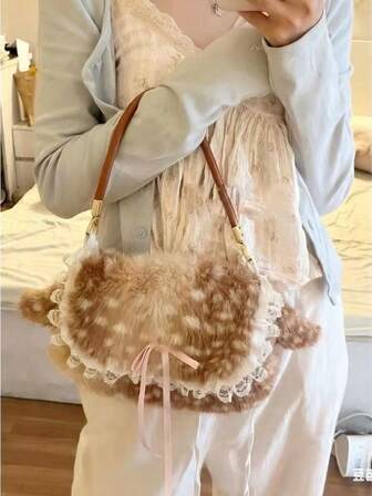 Bolso de hombro de peluche con adorno de encaje de ciervo de alta calidad, estilo casual de moda de otoño/invierno para niña, adecuado para salir, ir al trabajo, ir de compras, bolso exquisito, bolso de axila