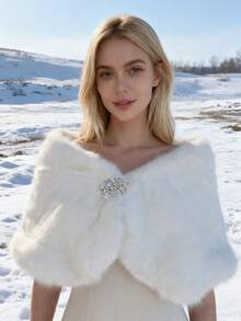 白色仿毛皮水钻纽扣披肩，优雅保暖，适合冬季新娘礼服/连衣裙，冰雪场景奢华之选，日常保暖穿着，夏季、海滩、婚礼等场合皆宜。 - 白色 - 查看 5