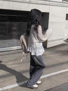 女士短款针织开衫披肩外套 - 杏色 - 查看 2