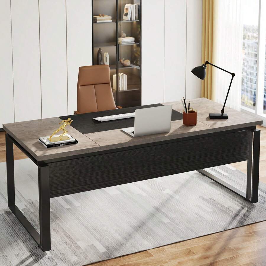 LITTLE TREE 63-Inch Home Office Desk, Writing Computer Table With Sturdy Legs - 灰色+黑色 - 查看 1