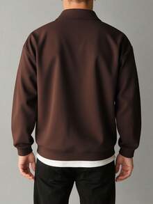 新款男士纯色简约百搭半拉链卫衣，时尚秋冬休闲宽松版型卫衣 - 棕色 - 查看 3