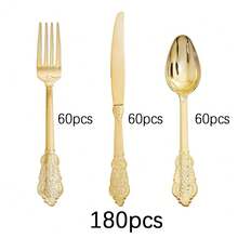 120pcs Vintage Plastic Silverware Set, High-Quality Disposable Heavy-Duty Cutlery Set With Retro Pattern, Suitable For Large Events, Parties, Weddings, Birthdays, Galas, New Year - Gold - View 18