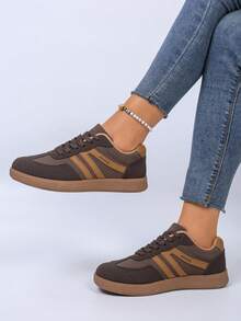 女士轻便户外运动鞋，新款休闲平底防滑拼接彩色运动鞋，适合春秋季穿着 - 棕色 - 查看 5