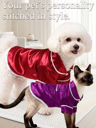 1pc/2pcs Set Luxury Pet Dog/Cat Fashionable Apparel, Glossy Fabric/Contrast Trim Design, Minimalist Short Sleeve Shirt/Pajamas/Loungewear, Suitable For Small Pets