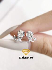 1Pair Classic Exquisite 0.5ct Six-Clawed Four-Pointed Star Moissanite Diamond Drop Earrings S925 Sterling Silver Wedding Earrings Engagement Stud Earrings Luxury Jewelry For Gifts Girls Women Anniversary - Silver - View 2