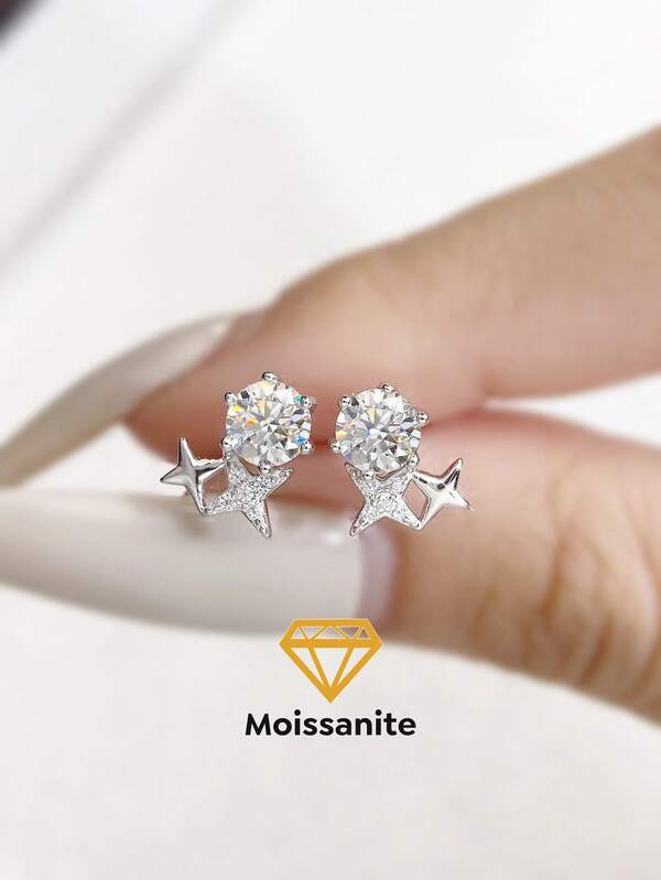 1 对经典精致 0.5 克拉六爪四角星莫桑石钻石耳坠 S925 纯银婚礼耳环订婚耳钉奢华珠宝礼物女孩女士周年纪念