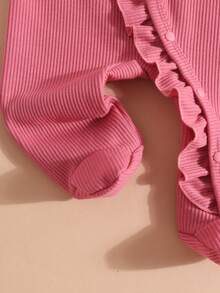 Baby Girl Jumpsuit With Round Neck, Cap Sleeves, Long Sleeves, Footed, Fashionable & Stylish Design For Newborn Infant - Hot Pink - View 6