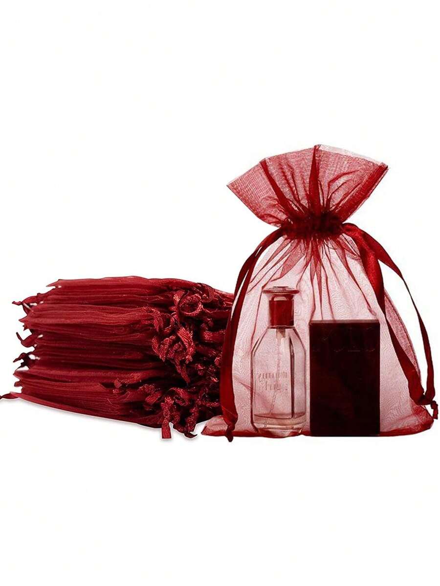 20/50/100 piezas Bolsas de organza rosa de 4x6 pulgadas, bolsas de malla pequeñas con cordón, bolsas de regalo para joyas, bolsas de fiesta para bodas - Burdeos - Ver 1