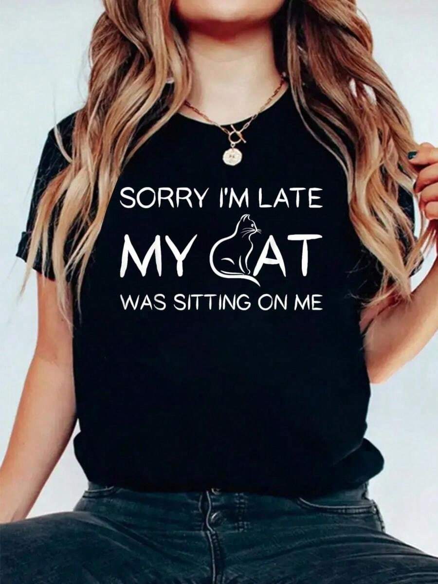 Sorry I'm Late My Was Sitting On Me Funny Pet Shirt Casual Printed Cotton Women Shirt, Summer Tshirts Short Sleeve Graphic Tee Women Tops220g High-Quality Pure Cotton T-Shirt With Minimalist Printing, Soft And Breathable Fabric, Comfortable And Loose, Suitable For All Day Wear, Suitable For Office Casual Wear, Spring And Summer Daily Appearance, Elegant And Youthful Design Ropa De Hombre - 黑色 - 查看 1