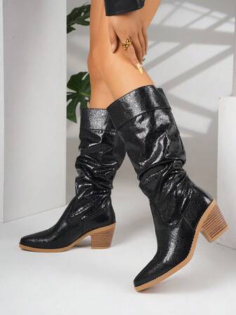 Plus Size Women's Fashion Solid Color Slip-On Chunky Heel Mid-Calf Boots
