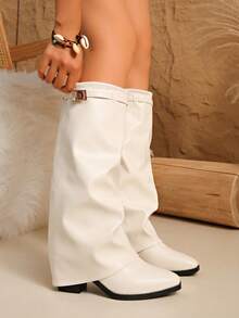 1 Pair Wide Shaft Folding Pleated Denim Boots, Metal Buckle Details Elevate The Sophistication, Solid Color Western Style Super Fiber Leather Button Mid-Calf & Knee-High Boots, Holiday - White - View 2