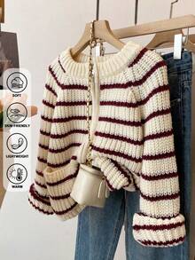 JIANHU Red & Burgundy Striped Knit Cardigan - Full Zip Up Sweater With Ribbed Cuffs And Pockets, Suitable For Christmas Markets And Casual Office Wear, Autumn/Winter - Red - View 4