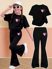 Girls' Clothes T-Shirt Two Pieces Set And Slim-Fit Elastic Bell-Bottom Pants, European And American Summer Set, Fashionable Multi-Color Suitable Daily Travel. - Black - View 2