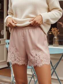 Pantalones cortos de encaje de satén Y2K para mujeres, pantalones cortos casuales de seda, adecuados para el ocio diario en el hogar y salir a usar - Rosa - Ver 2