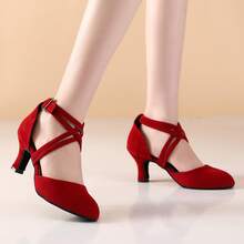Women's Professional Latin Dance Shoes, Medium Heel Standard Dance Shoes, Double Strap, Burgundy Indoor Professional Dance Shoes, Performance Ballroom Salsa Dance Shoes - Red - View 4