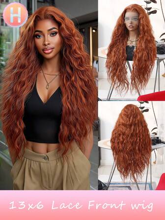 女士圣诞礼物 圣诞装饰 圣诞礼物 假发（橙色/黑色）13x6蕾丝前假发，带婴儿发，日本进口合成纤维 30英寸水波纹超长假发 合成纤维耐热假发 弹性网帽 适合所有人日常聚会，高品质女士自然美丽合成柔软假发 圣诞节