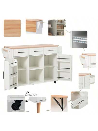 139x46(71)X91.5cm Dining Trolley/Sideboard, Black Body + Solid Wood Grain Worktop, Fold-Down Worktop, Storage Door, Casters, Replaceable Solid Wood Feet, Suitable For Dining Room, Kitchen. 139x46(71)X91.5cm Serving Trolley/Side Cabinet, Grey Solid Wood Veneer For The Body + White Marble Veneer Decoration For The Worktop, Cabinet/Fold-Down Worktop/Storage Doors/R view 2