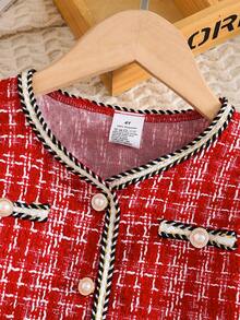 2 件套女孩时尚淑女装，春/秋，V 领纽扣长袖夹克，松紧腰裙，优雅、甜美、舒适、独特、迷人的女孩派对礼服套装 - 紅色 - 查看 3