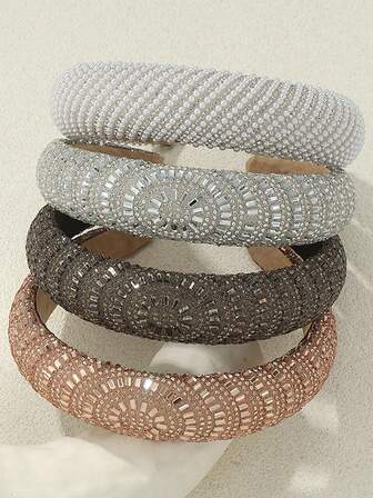 1 pieza Diadema de mujer de moda de lujo con diamantes de imitación y perlas brillantes, cielo estrellado de diamantes de imitación, plateado, rosa, blanco, diadema ancha glamorosa, adecuada para uso diario, baile, fiesta, banda para el cabello, aro para el cabello