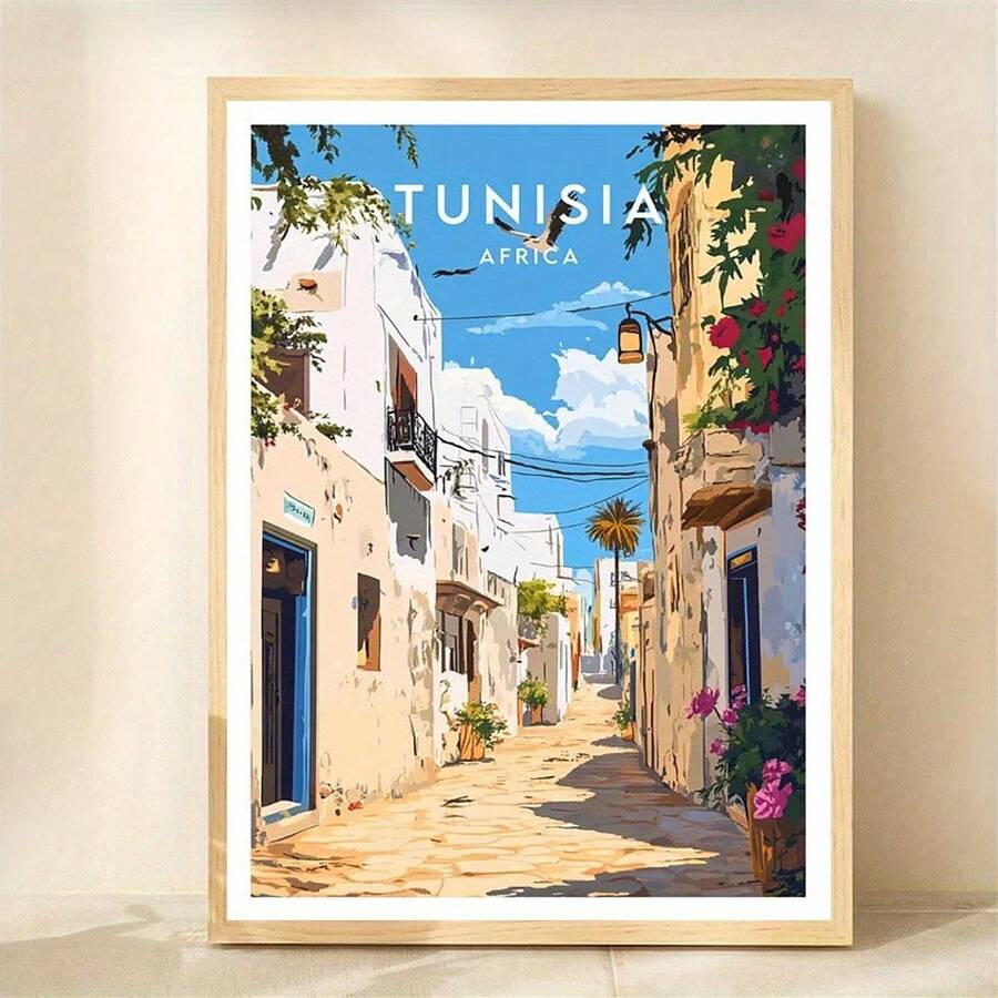 2D Flat, 2D FLAT 1pc 12x16 Inch Frameless Tunisia Africa Travel Poster Print - Vibrant Mediterranean Street Scene With Greenery And Blue Sky, Canvas Wall Art For Home, Office, Cafe, Bedroom, - 彩色 - 查看 1