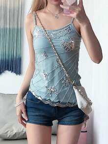 Women Y2k Fairy Sequin Butterfly Cami Tops Sleeveless Spaghetti Strap Mesh Sheer Crop Tank Tops See Through Camisole Summer Slim Fitted Shirt Vintage Aesthetic Clothes 2000S Streetwear - Màu xanh Bạc hà - Xem 2