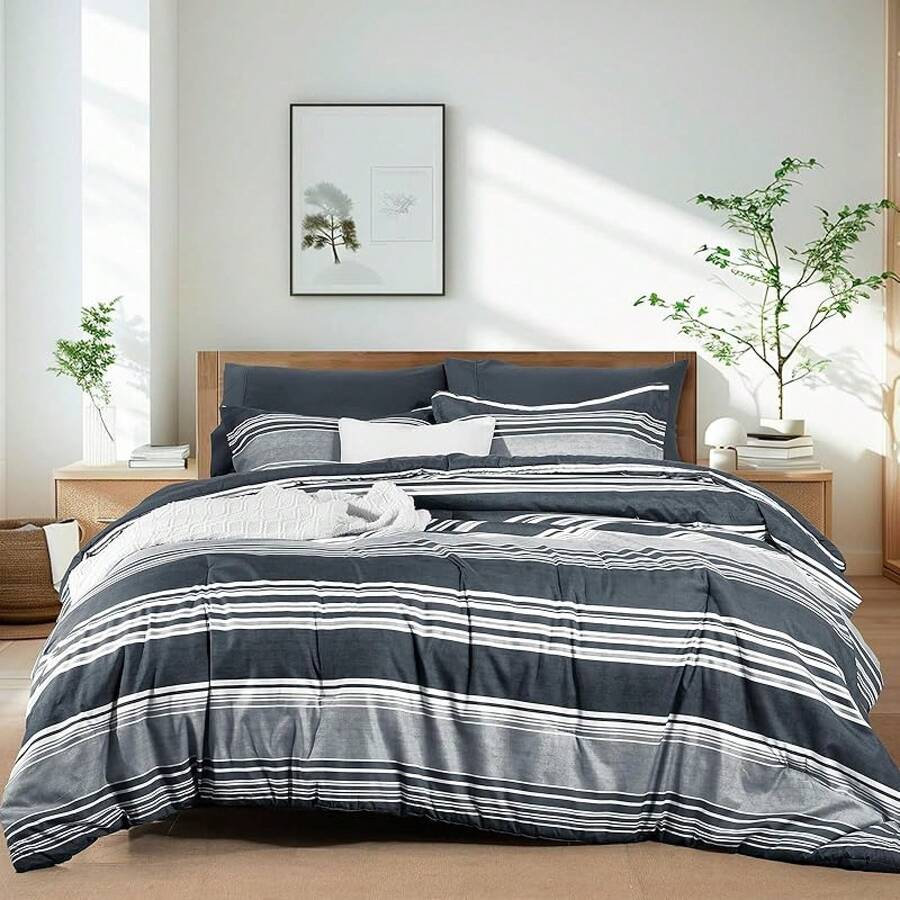 Pieces Comforter Set, Striped Bed In A Bag, Charcoal Stripe Bedding, 18 Deep Pocket All Season, Ultra Soft Bedding Sets With Comforter, Sheets, Pillowcases & Shams, Luxury Cozy Bedding Very Beautiful PKZD - 炭灰色01 - 查看 1