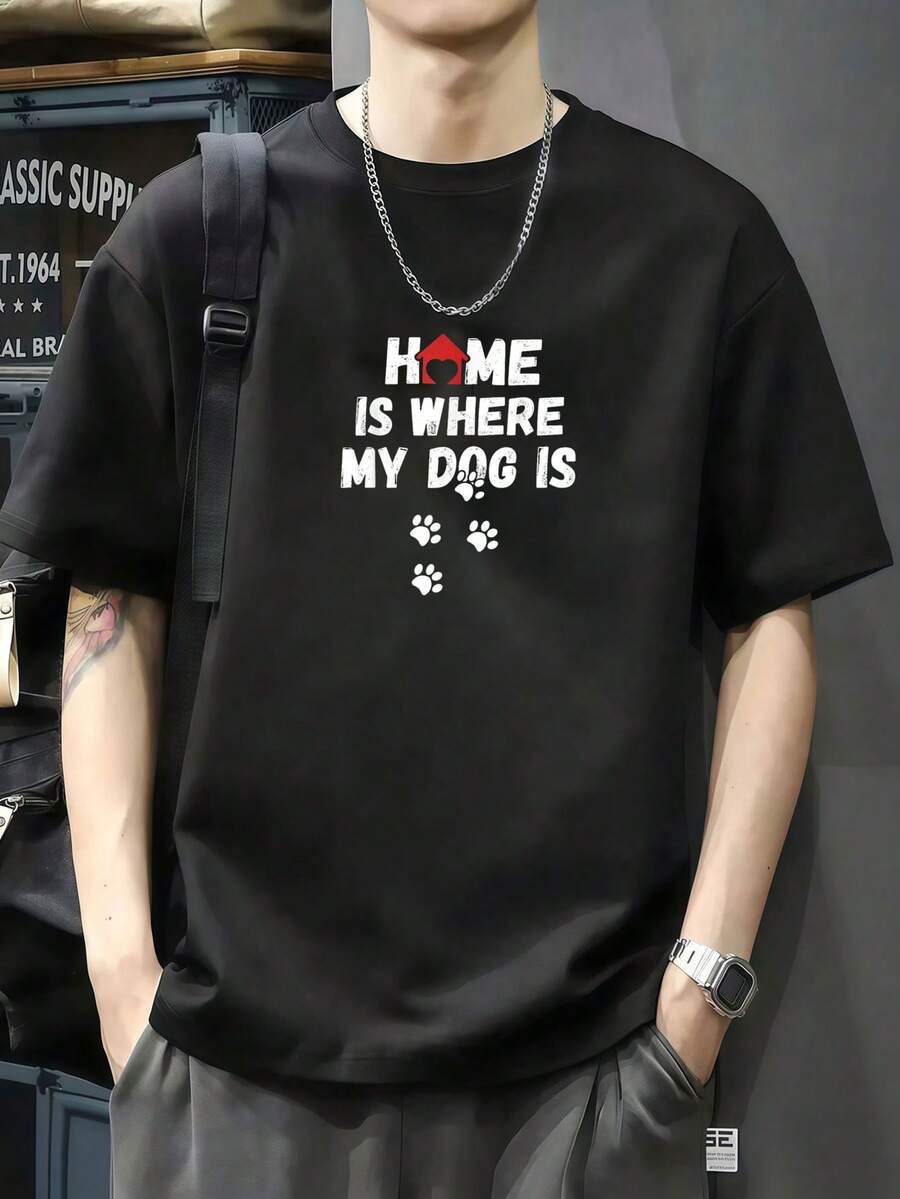 Camiseta El hogar donde está mi perro Camiseta de manga corta de algodón de 220 g, impresión por una cara - Negro - Ver 1