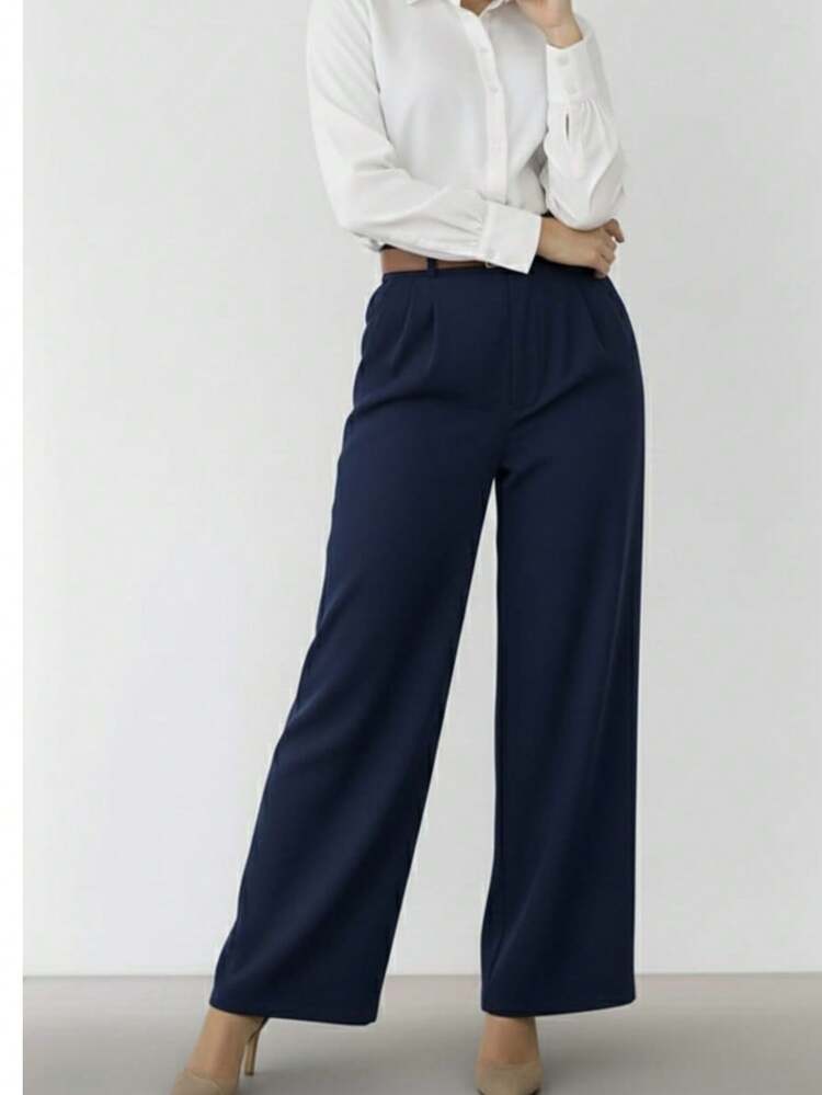 Pantalones Rectos para Moda Casual y Elegante, con Cinturón - Azulado oscuro - Añade 2