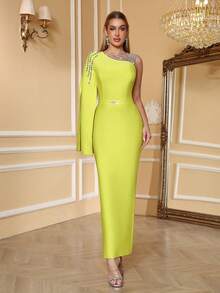 Love Aing New Arrival Women's Formal Dress, Rhinestone Embellished Turtleneck Bodycon Dress, Elegant Mesh Splice Evening Gown For Wedding, Party, Banquet