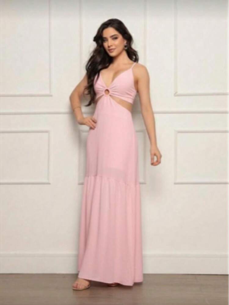 Long Dress With Lace Ruffle, Spaghetti Straps, Off-The-Shoulder, Plain, Straight. - hoa hồng - Xem 1