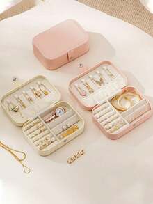 1 pieza Caja de almacenamiento de joyas de doble capa de cuero PU de gran capacidad, caja organizadora de joyas con cierre a presión, caja de joyas minimalista para el hogar, caja de exhibición de joyas portátil, estuche de almacenamiento de joyas de varios compartimentos - Multicolor - Ver 6